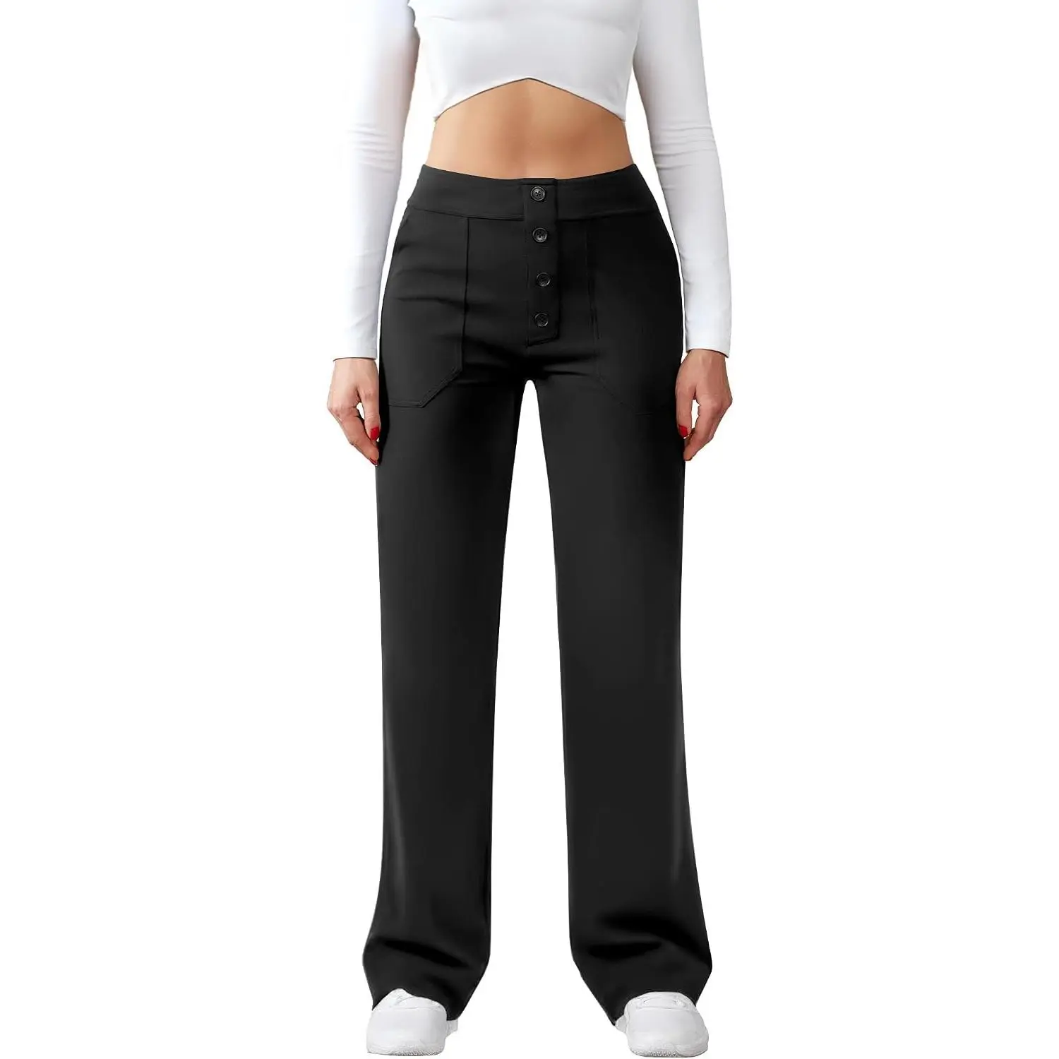 Womens Casual High Waist Straight Leg Pants Stretchy Button Business Dress Work Pocket Trousers