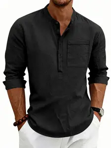 Men's Summer Linen Fabric Casual Henry Vintage Commuter Long Sleeve Stand Collar Shirt Tops, Trendy American Style, Perfect for Daily Wear