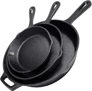 Cast Iron Skillet 3-Piece Set - 12", 10", 8" Heavy Duty Pans - Professional Restaurant Chef Quality Pre-Seasoned Pan Cookware Set