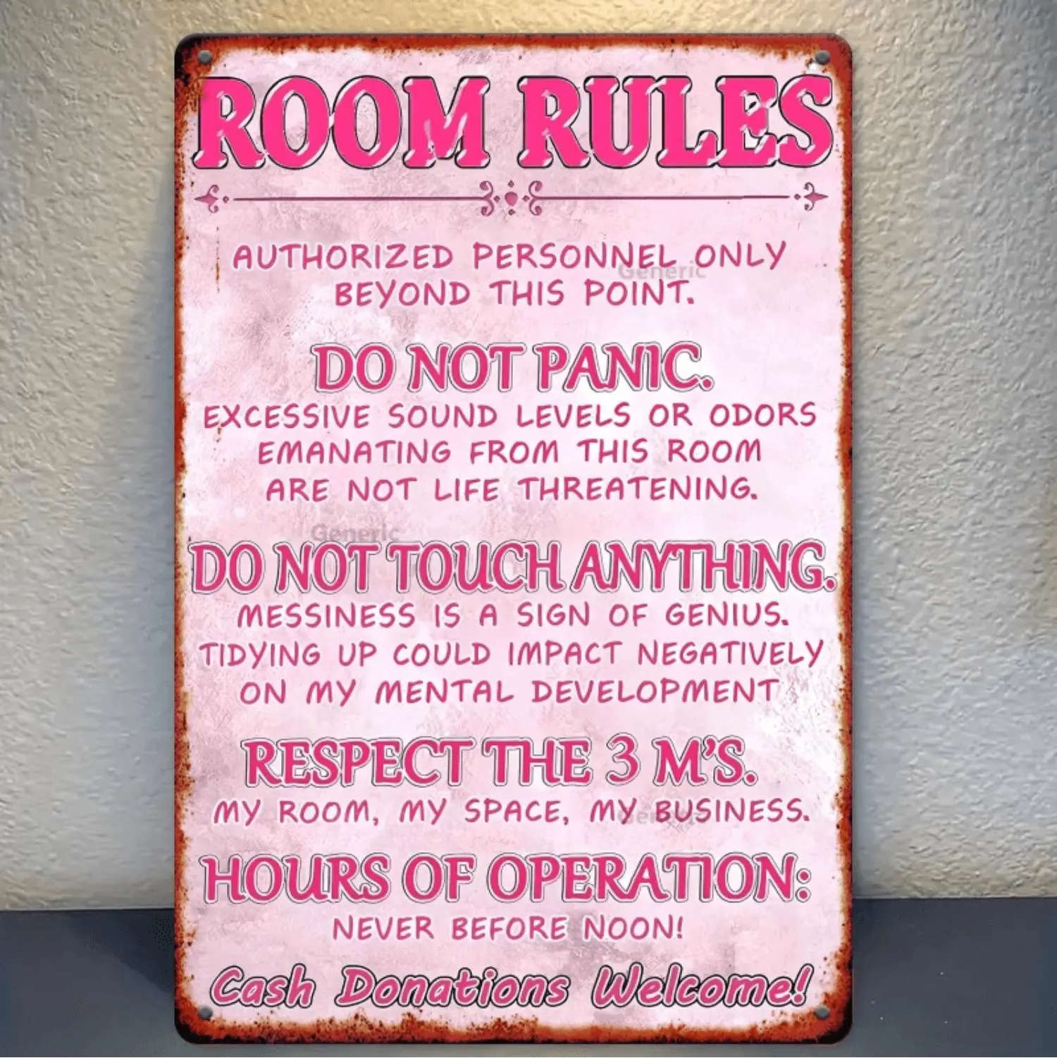 Vintage Pink Room Rules Metal Sign For Girls Bedroom Rustic Humorous Wall Decor No Power Needed Retro Tin Sign