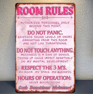 Vintage Pink Room Rules Metal Sign For Girls Bedroom Rustic Humorous Wall Decor No Power Needed Retro Tin Sign