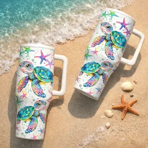 1 Pc 40oz Sea Turtle Insulated Travel Mug With Handle, Ocean Style Coffee Tumbler For Hot And Cold Drinks, Large Capacity Reusable Cup, Colorful Artistic Drinkware For Beach And Summer, Gift For Ocean Lovers