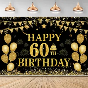 60th Birthday Decorations, Black & Gold Cheers to 60 Years Banner & Backdrop for Party Decoration