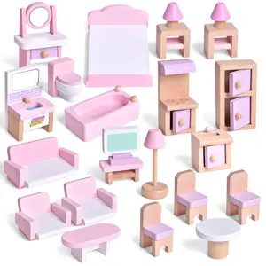22PCS Miniature Wooden Doll House Furniture Set for Kids Pretend Play Furniture Toys Birthday Gift