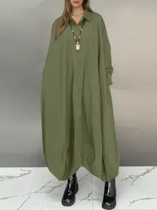 Women's Loose-Fitting Plain Jumpsuit with Long Sleeve and Lapel Design, High Waist Wide Leg Suitable for Casual Daily Commuting