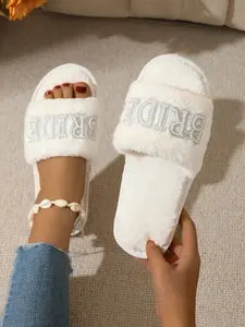 Bride Plush Slippers, Pearl Letter Design, Cross Strap, Perfect for Singles Party, Wedding, Comfortable and Stylish Footwear