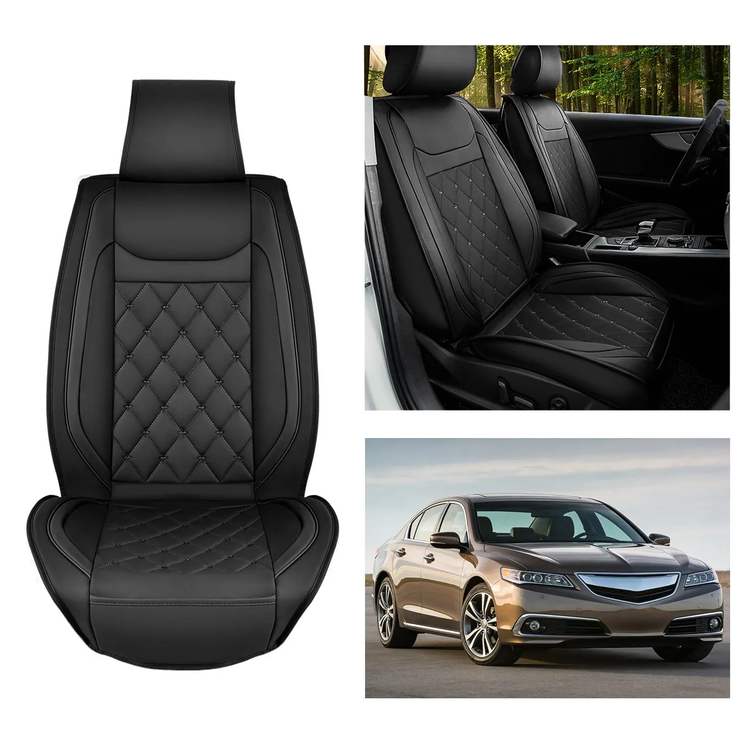 Nilight 2PCS Car Front Seat Covers with Headrest Covers, Black Wear-Resistant Faux Leather, Waterproof Breathable Anti-Slip Automotive Interior Protectors, Compatible with 90% of Most Cars Including Hyundai Honda Kia Toyota SUVs Trucks