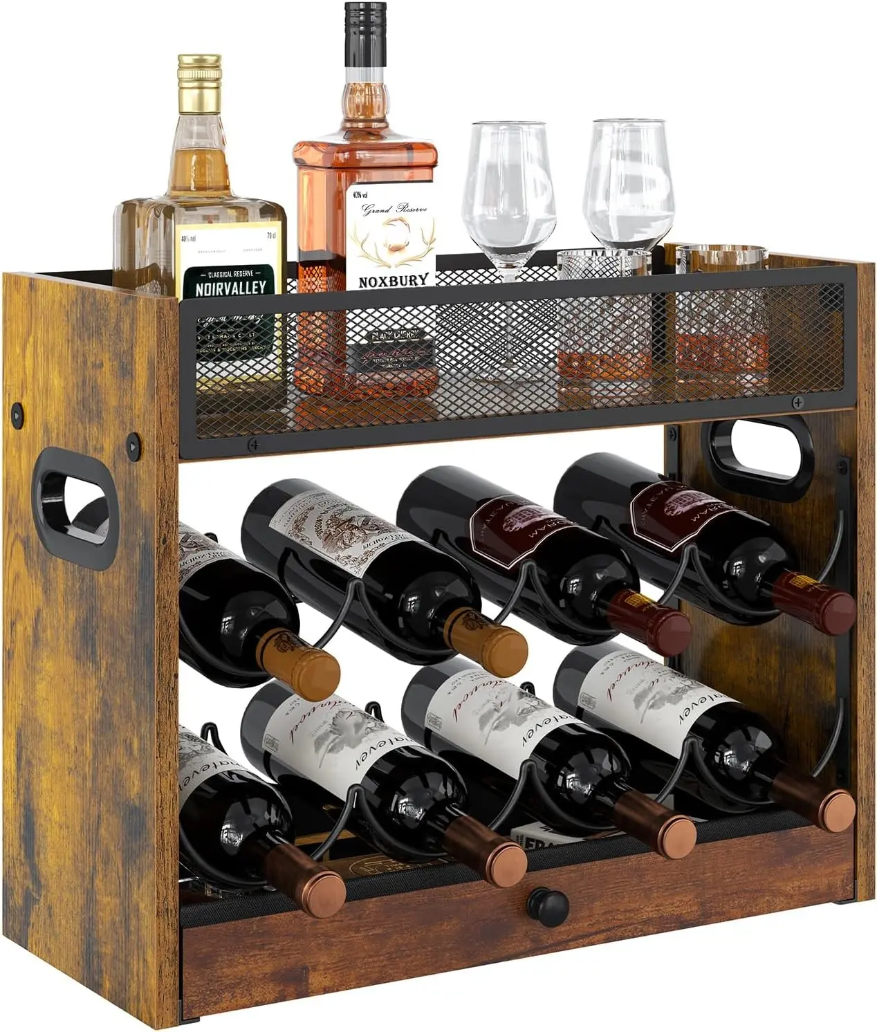 Rustic 3-Tier Wood Frame Countertop Wine Rack with Drawer, Coffee Syrup Organizer & Liquor Bottle Display Shelf for Home Kitchens & Bars, Holds 18 Bottles