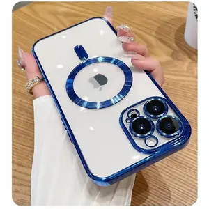 For iPhone 14 15 Pro Max Magsafe Fashion Plating Lens Protector Case For iPhone 11 12 13 14 15 Pro Max Silicone Camera Wireless Magnetic Charging Cover