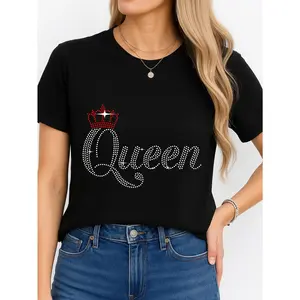 Queen Rhinestone T Shirt Black Casual Wear Personalized Unisex Women's Top All Season Comfortable Breathable Short Sleeve Tee Suitable For Any Outfit Made In Usa