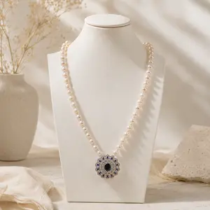 NC95-Ocean's Bloom-Freshwater Pearl Necklace,Alternating Large and Small Near-Round Pearl Design,Blue Zircon Vintage Pendant,Elegant Statement Jewelry