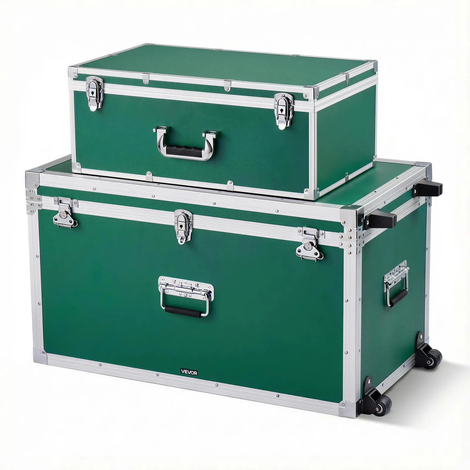 VEVOR 2-Piece Wood Organizer Storage Boxes - Lockable Extra-Large Metal Trunk Set with Latch, Padlocks, Casters, 3 Metal Handles, Lids, Cushioned Support, 33 lbs Capacity, 600 lbs Load, for Apartment/Dorm, Green, Chest, Durable