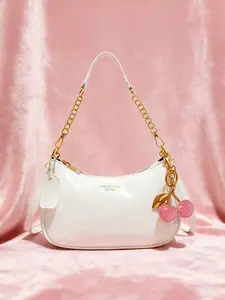 Autumn Winter Vintage Fashion Elegant Letter Pattern Shoulder Bag, Crescent Moon Crossbody Bag with Chain Strap, Cherry Pendant Decor, Handbag Shoulder Bag