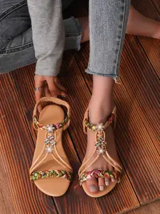 Women's Boho Style Woven Rope Sandals, Flat Bottom One Strap Design, Solid Pattern Fashion Footwear for Casual Wear