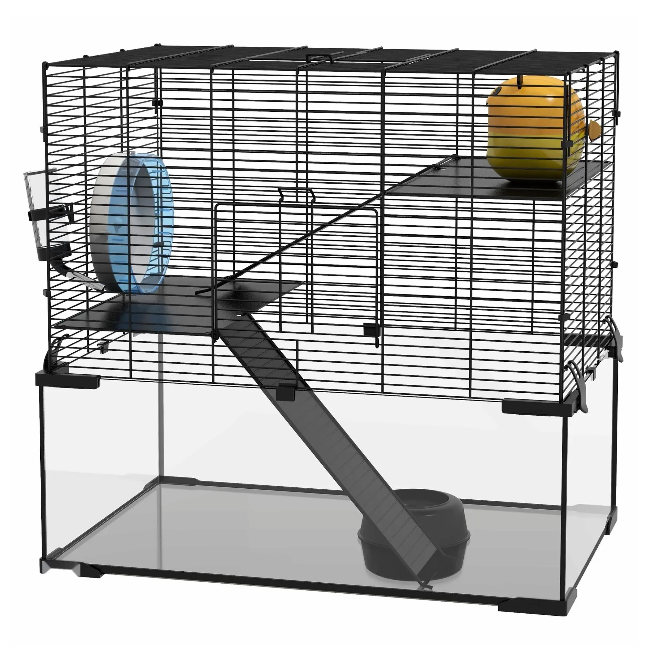 3-Tier Steel Hamster Cage with Wheel, Water Bottle, Food Bowl & Multi-Level Play - Tempered Glass Small Animal Habitat for Syrian Hamsters, Rats