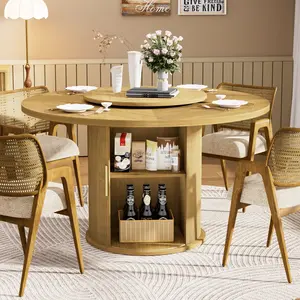 55 inch Round Dining Table for 6, Double Tier Storage Shelf with Rotating Lazy Susan, Wooden Farmhouse Kitchen Table with Sliding Doors, Space Saving for Dining Room Living Room, Natural Wood mesa para comedor