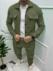 Men's Spring Fall Suede Jacket Pants Set Outfit, Business Casual Lapel Jacket + Slim Long Pants, Multi-Pocket Workwear Elastic Two-Piece Suit