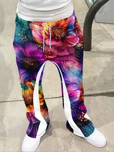 Vibrant Rainbow Print Bell Bottoms Flared, Bold Bohemian Casual Long Pants, Fitted Geometric Pattern, All Seasons Fashion, Women's Clothing