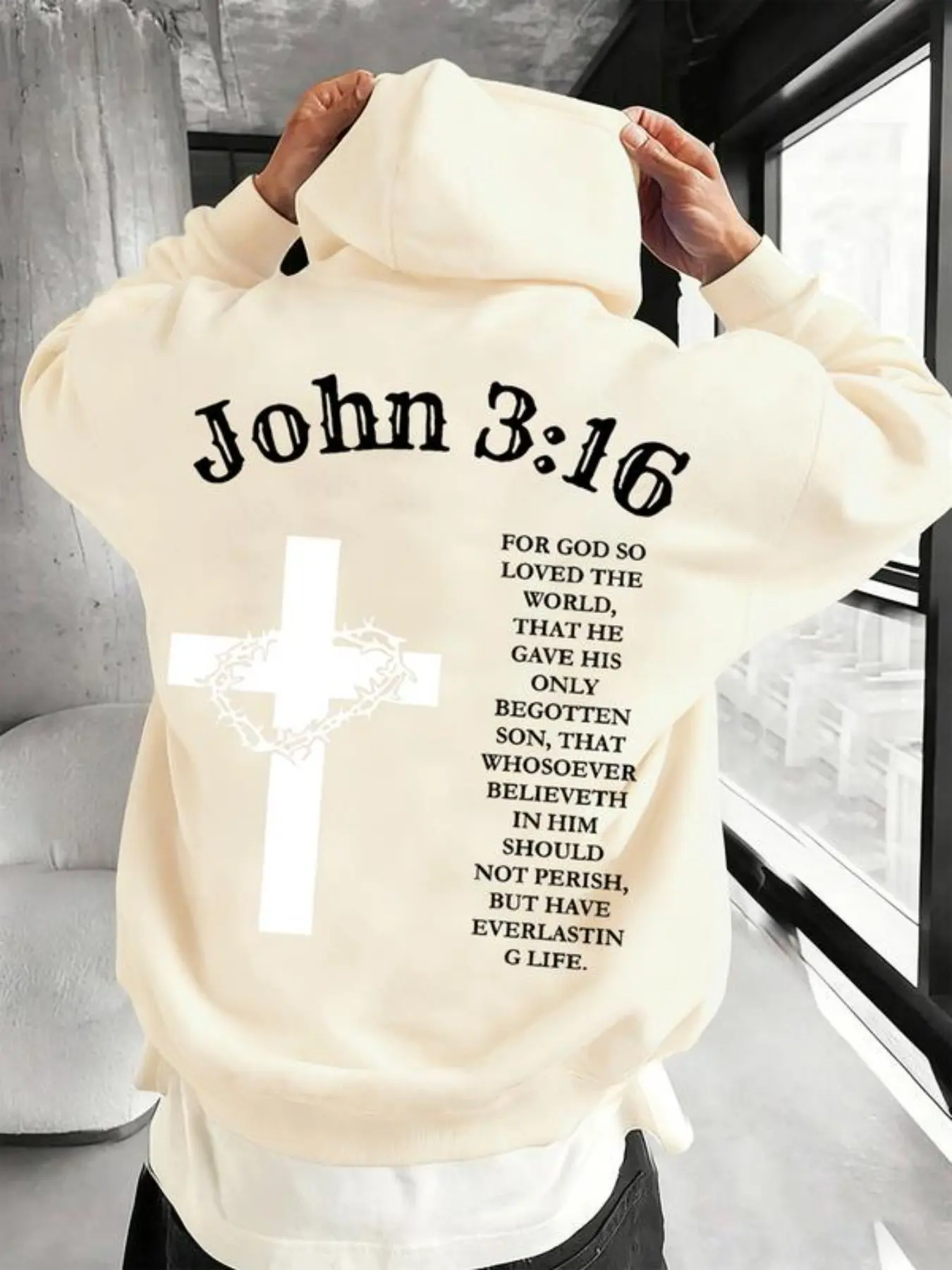 Unisex John 3:16 Cross Bible Verse Print Hoodie Letter Logo, Fall Winter Streetwear Hip Hop Casual Fit, Casual Street Fashion, Fitted Graphic Sweatshirt, Casual Streetwear Pullover, All Season Pullover