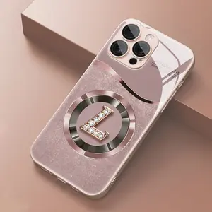 Light Luxury Business Pink Metal Letter L Pattern Glass Phone Case with Lens Protection for iPhone 16ProMax/16E/15Pro/14Plus/13/12/11Pro, Trendy Fashion, Elegant and Gorgeous, High-End Protective Case