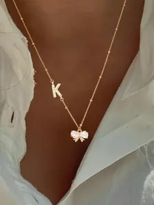Women's Stainless Steel Necklace Initial, Zirconia Letter Crystal Bow Pendant, Casual Fashion Jewelry for All Seasons