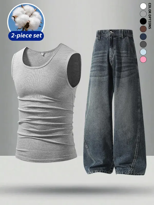 Men’s 2-piece set featuring a tank top and jeans, summer style, loose and casual, versatile for everyday outings, commuting, and various other occasions.