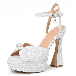 Custom Made Pearl Embellished High Heel Platform Sandals for Women White Open Toe Chunky Heel Formal Shoes for Wedding Bridal Prom and Special Occasions