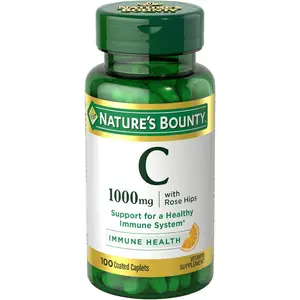 Nature’s Bounty Vitamin C + Rose Hips Dietary Supplement Tablets, 1000mg Immune Support, Coated Vegetarian Caplets, 1 Serving per Day, 100 Ct