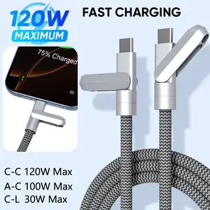 120W Fast Charging Cable USB-A Type-C Lightning Nylon Braided Zinc Alloy 47.2in 11.8in for iPhone Samsung
