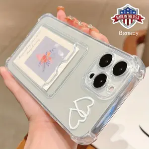 1pc White Love Simple Pattern Four-corner Air Cushion Transparent Can Insert Card TPU Mobile Phone Case Suitable for iPhone16 15 14 13 12 11 pro max xs xr 7 8plus Cover Protective Protection Protector Cellphone Casing