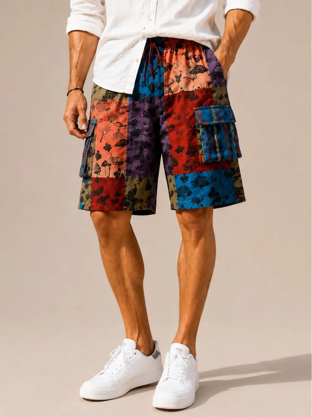 Men's Patchwork Cargo Shorts | Boho Festival Beach Shorts | Casual Summer Resort Wear