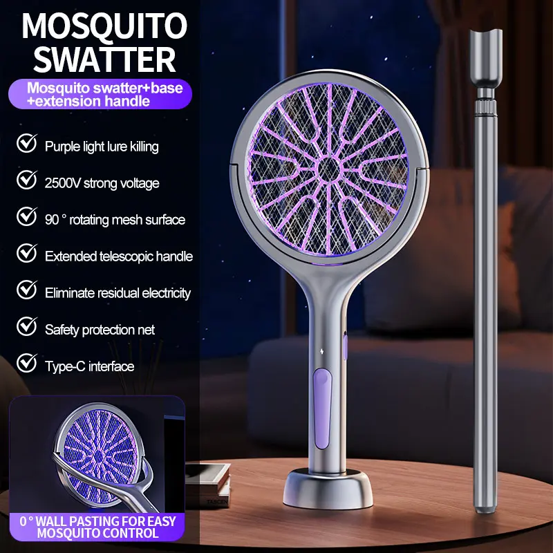 3 in 1 Electric Mosquito Swatter Zapper – Rotatable Mesh, Telescopic Extension Pole, UV Attracting Light, 2500V Powerful Voltage, Safe Protective Net, Type C Charging Bug Fly Killer for Home & Patio