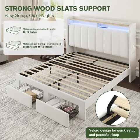 MUTICOR Upholstered Bed Frame with LED Shelf Headboard & 2 Drawers, Linen or Velvet Fabric, Smart Outlets,Full/King/Queen Bed Frame, No Box Spring Needed
