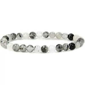 Natural Black Rutilated Quartz Gemstone 6mm Round Beads Stretch Bracelet 7" Unisex