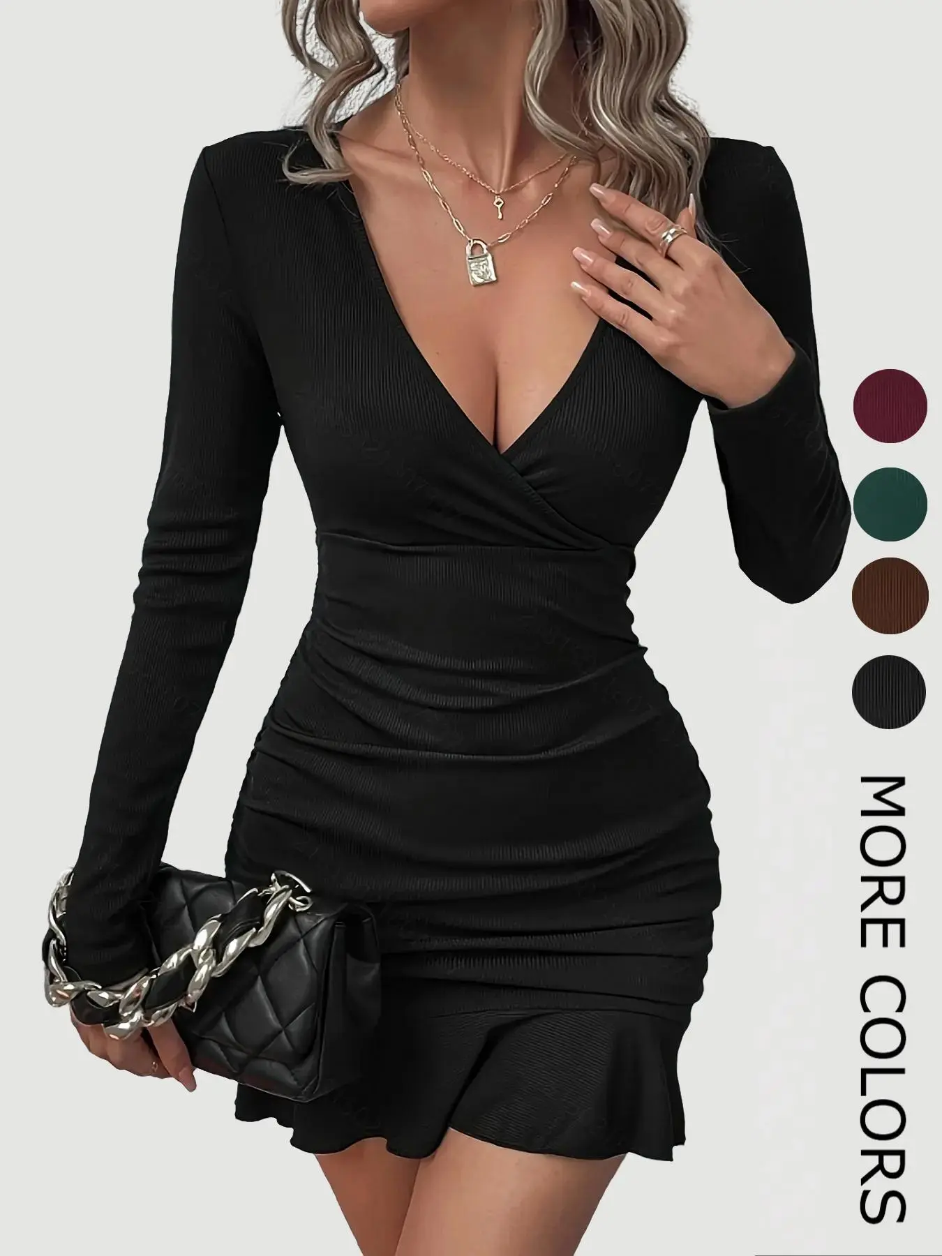 Women's Plain Ruched Ruffle Hem Wrap Bodycon Dress, Elegant Chic Deep V Neck Long Sleeve Short Dress for Party Club Dating Evening Wear, Ladies Spring & Fall Clothes Fit, Elegant Knit Dress