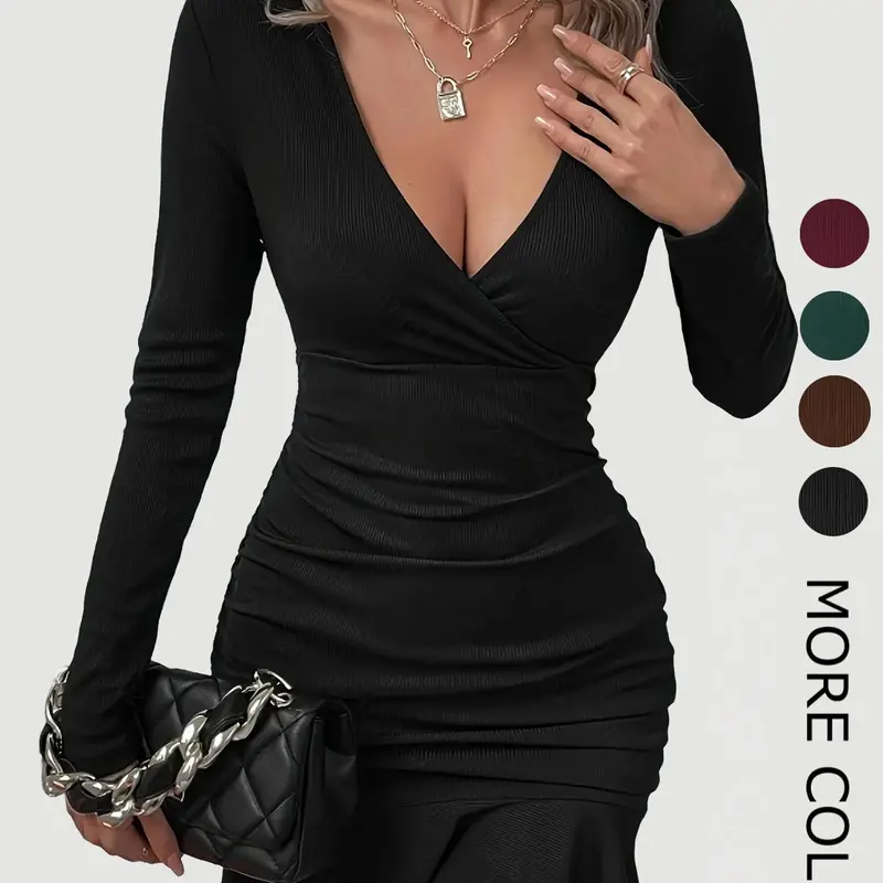 Women's Plain Ruched Ruffle Hem Wrap Bodycon Dress, Elegant Chic Deep V Neck Long Sleeve Short Dress for Party Club Dating Evening Wear, Ladies Spring & Fall Clothes Fit, Elegant Knit Dress