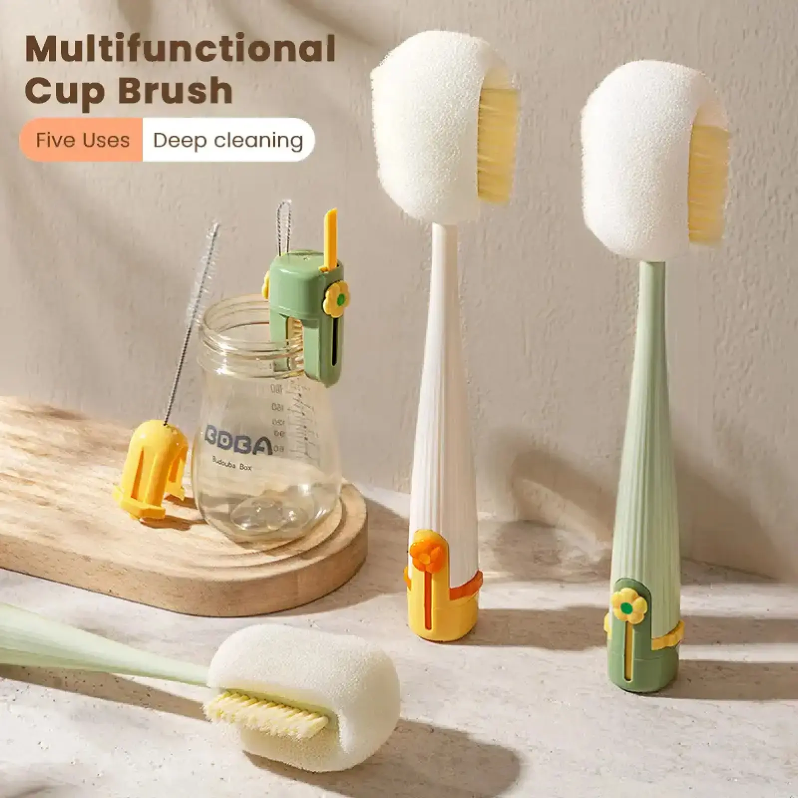 5-in-1 Silicone Bristle Bottle Brush Cleaner - Ergonomic Handle, Compact Shape, No-Scratch, Deep Cleaning, Tight-Spot Reach, Easy to Use, Ideal for Home Kitchen Cup Lid & Travel Mug Chores