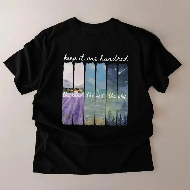 Women's Smooth Cotton Casual Shortsleeve T-Shirt - Keep It 100 Land Sea Sky, Fate of Ophelia TS Showgirl Inspired, Day Streetwear Comfortable Top, Tshirt, Lady, Tee, Soft, Breathable, Round Neck, Thanksgiving, Easter, Valentines Day, Hangable Top, Cotton,