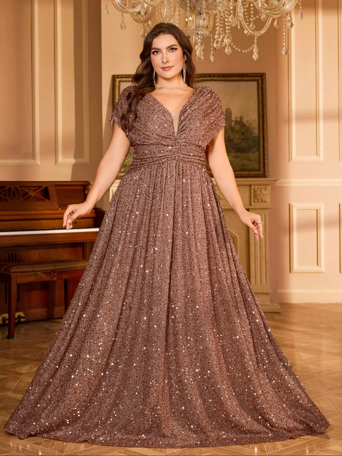 Plus Size Women's Elegant Front and Back V Neck Batwing Sleeve Shimmer Sequined Waist-Defined Flared Evening Gown Dress, Perfect for Formal Events and Parties, Elegant Wear