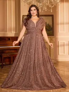 Plus Size Women's Elegant Front and Back V Neck Batwing Sleeve Shimmer Sequined Waist-Defined Flared Evening Gown Dress, Perfect for Formal Events and Parties, Elegant Wear