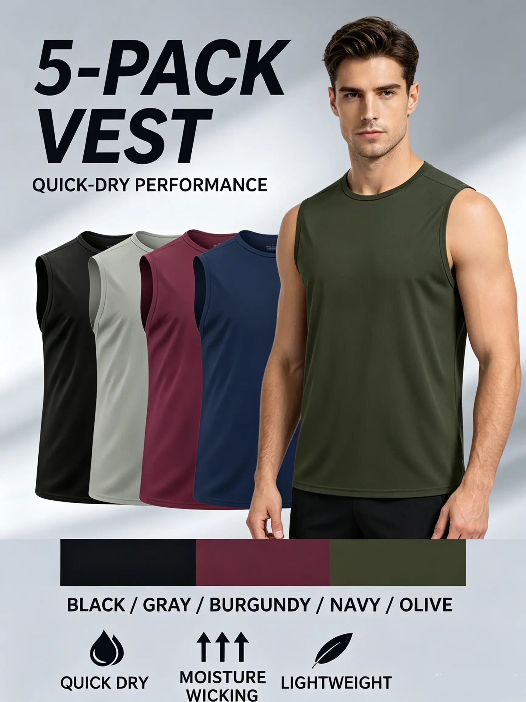 MTTYYD Men's 5-Pack Unisex Sleeveless Polyester Mesh Gym Fitness Tank Tops, Quick-Dry Moisture-Wicking Minimalist Crew, Tag-Free Label, Breathable Athletic Muscle Fit for Weight Training