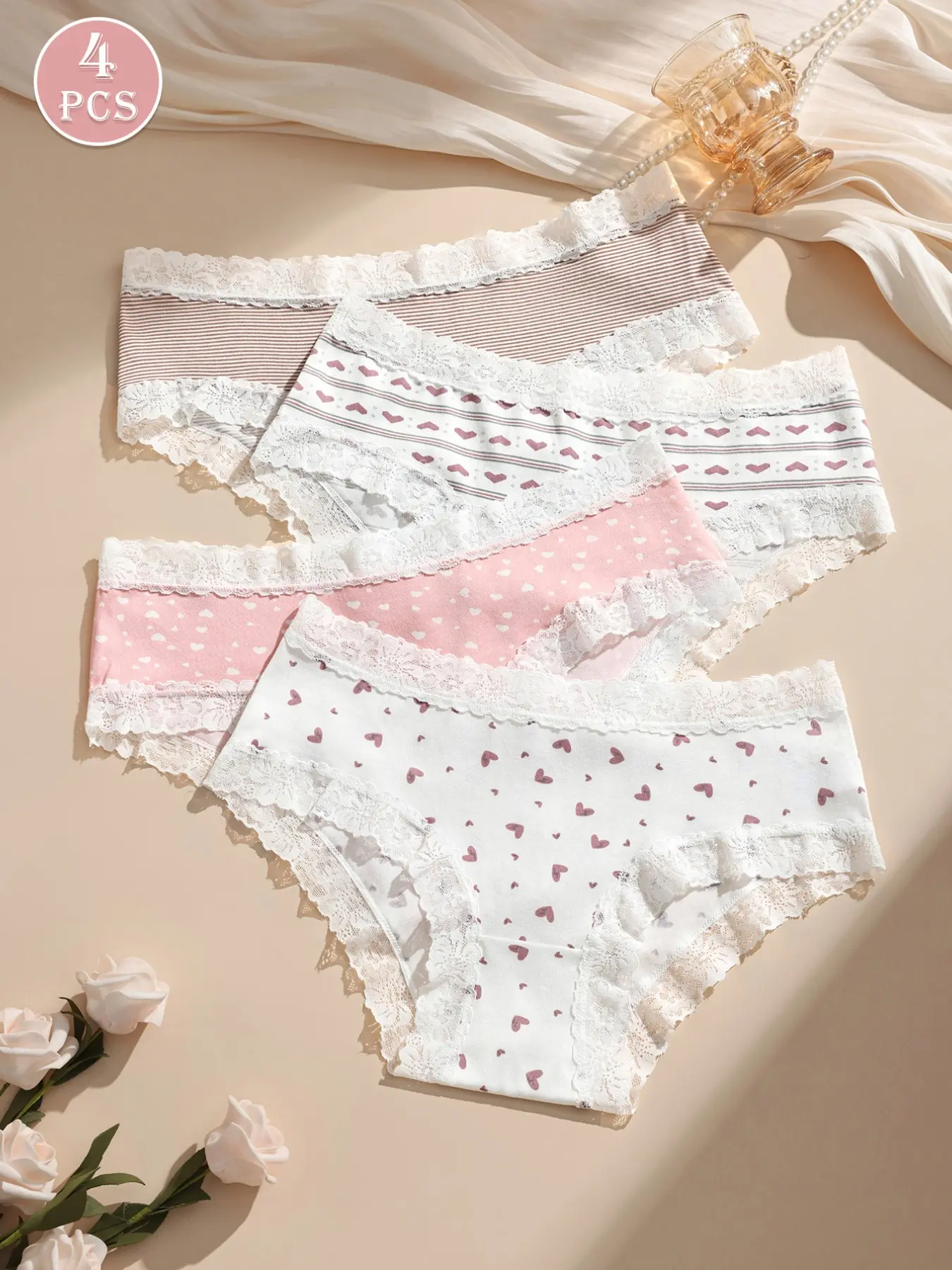 HOTCOM Women's 4-Pack Y2K Princess Milk Silk Panties | Cute Lovely Heart Print Lace Detail, Ultra-Soft Breathable Seamless Fabric, Full Back Coverage, Perfect for Daily & Dating, S-2XL