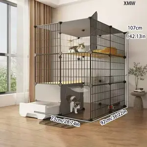 Cat Cage with Toilet Integrated Indoor Space Saving for Kittens and Adult Cats, Multi-Layer Cat Villa, Home Use, Litter Box Enclosure
