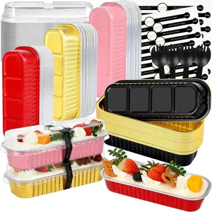 Mini Loaf Pans with Lids and Spoons (100 Pack, Mixed color, 6.8oz) Rectangular Aluminum Foil Baking Pans