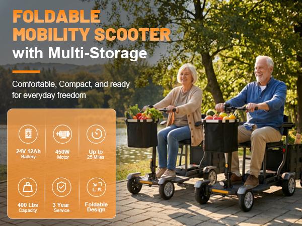 Lightweight Foldable 4-Wheel Mobility Scooter for Seniors Adults, Aluminum Frame Motorized Scooter with Storage Crate & Basket, 450W Brushless Motor, LED Lights, 25 Miles Range, 400 LBS Weight Capacity