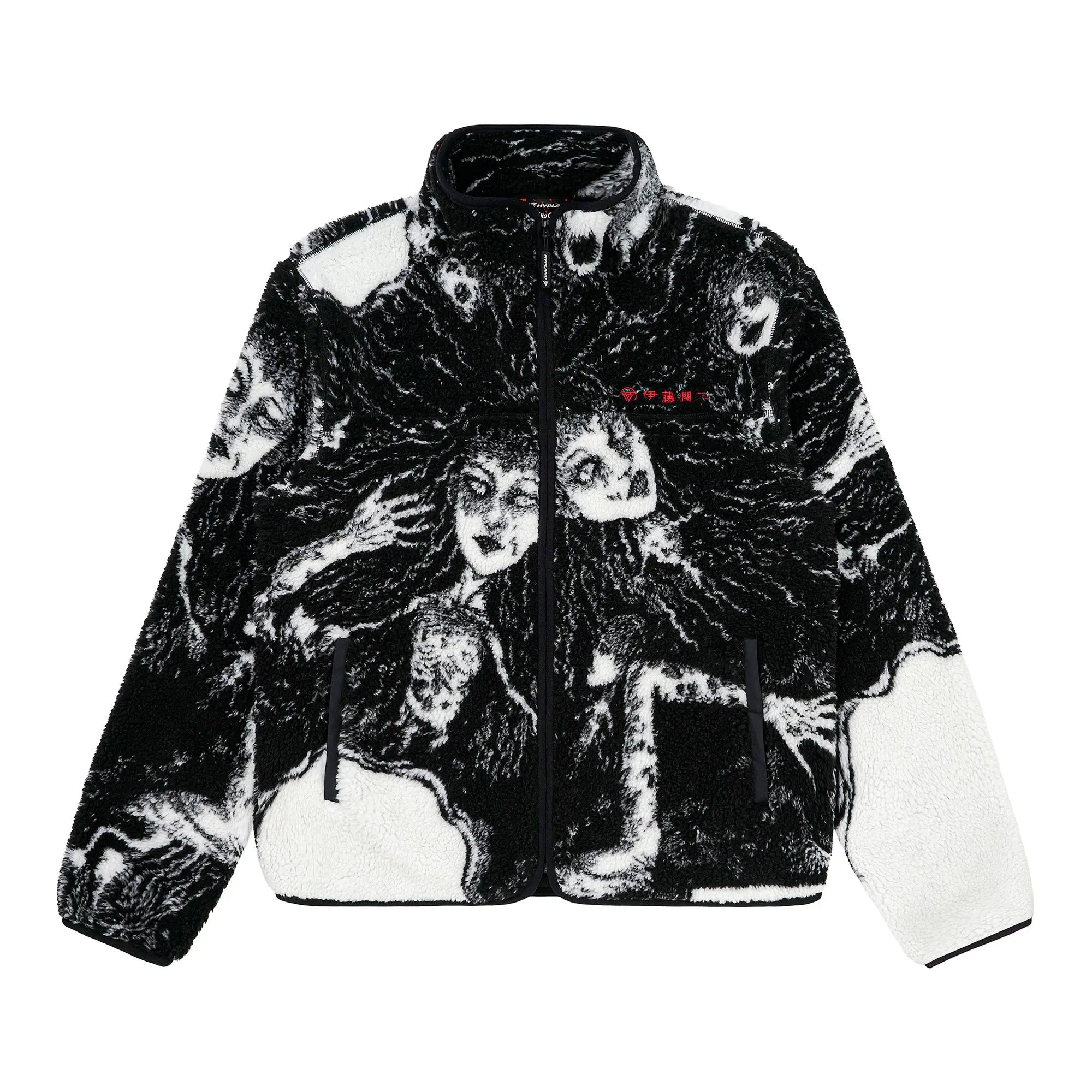 Hypland x Junji Ito Men's Tomie Graphic Sherpa Fleece Jacket, Officially Licensed Black Polyester Shell