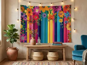 1PC,2D Flat Vibrant Striped Floral Tapestry, Bohemian - style Wall Hanging For Bedroom & Living Room, Artistic Wall Decor, Dorm Renovation Backdrop, Photo Props, Adds Colorful & Vivid Atmospher