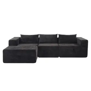 107" Modular Corduroy Sectional Sofa (Black) – Compressed "Cloud" Sofa with Ottoman, No Assembly Required