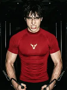 Men's Gym Fitness T Shirt, Athletic Clothing, Fitness Apparel, Workout Sportswear, with Gold Bull Head Print, Mock Neck Short Sleeve Tee, High Stretch Polyester Blend, Intense Workouts, Strength Training, Streetwear & Daily Casual Athletic Style