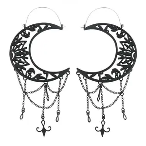 Black PVD Ornate Crescent Moon Dangle Chains Stainless Steel Plug Hoops